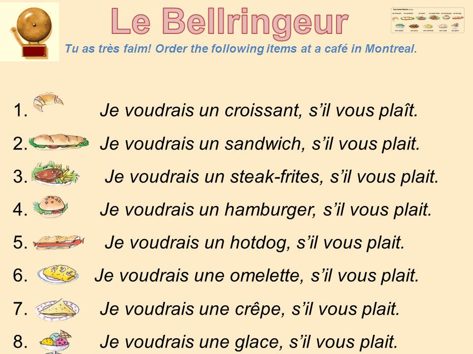 Tu as très faim. Order the following items at a café in Montreal.