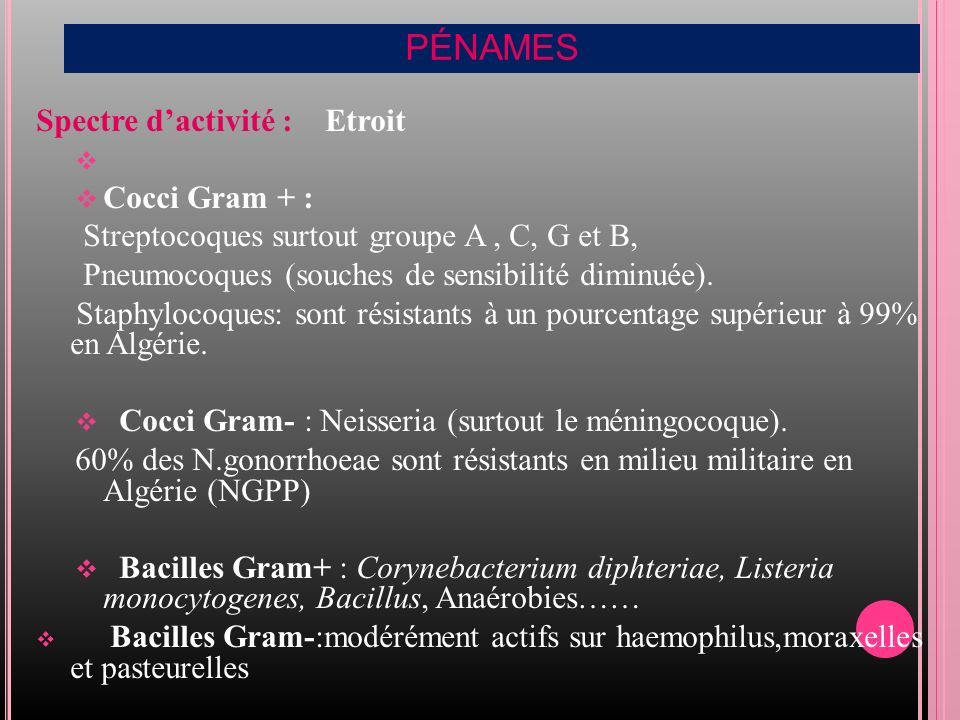 PÉNAMES Spectre d’activité : Etroit   Cocci Gram + : Streptocoques surtout groupe A, C, G et B, Pneumocoques (souches de sensibilité diminuée).