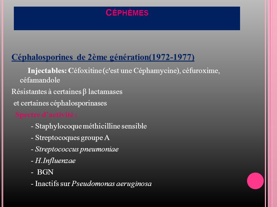 C ÉPHÈMES Céphalosporines de 2ème génération( ) Injectables: Céfoxitine (c est une Céphamycine), céfuroxime, céfamandole Résistantes à certaines β lactamases et certaines céphalosporinases Spectre d’activité : - Staphylocoque méthicilline sensible - Streptocoques groupe A - Streptococcus pneumoniae - H.Influenzae - BGN - Inactifs sur Pseudomonas aeruginosa