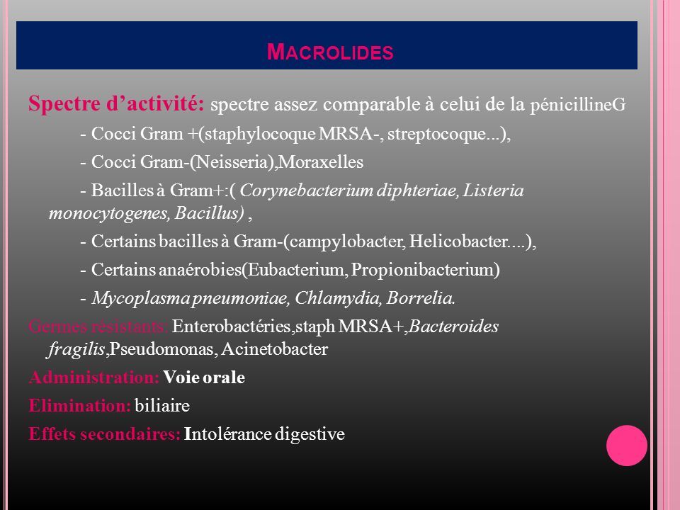 M ACROLIDES Spectre d’activité: spectre assez comparable à celui de la pénicillineG - Cocci Gram +(staphylocoque MRSA-, streptocoque...), - Cocci Gram-(Neisseria),Moraxelles - Bacilles à Gram+:( Corynebacterium diphteriae, Listeria monocytogenes, Bacillus), - Certains bacilles à Gram-(campylobacter, Helicobacter....), - Certains anaérobies(Eubacterium, Propionibacterium) - Mycoplasma pneumoniae, Chlamydia, Borrelia.