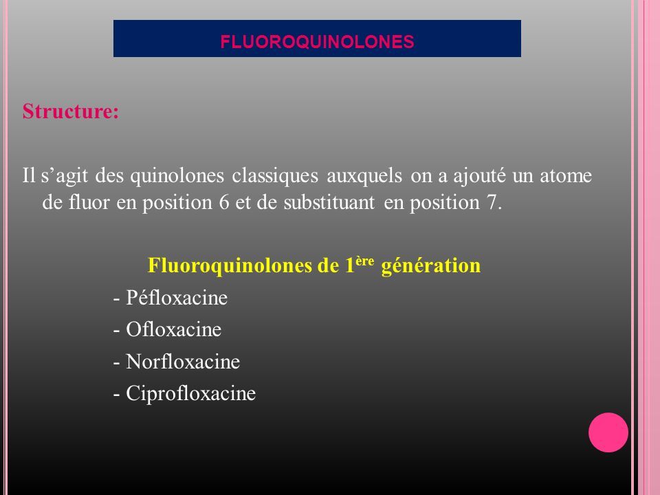 FLUOROQUINOLONES Structure: Il s’agit des quinolones classiques auxquels on a ajouté un atome de fluor en position 6 et de substituant en position 7.