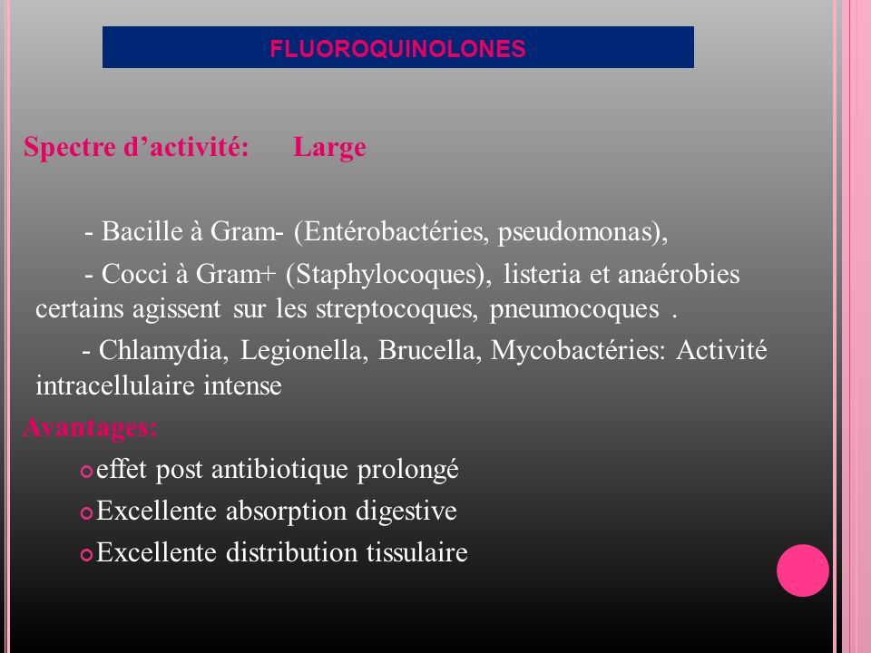 FLUOROQUINOLONES Spectre d’activité: Large - Bacille à Gram- (Entérobactéries, pseudomonas), - Cocci à Gram+ (Staphylocoques), listeria et anaérobies certains agissent sur les streptocoques, pneumocoques.