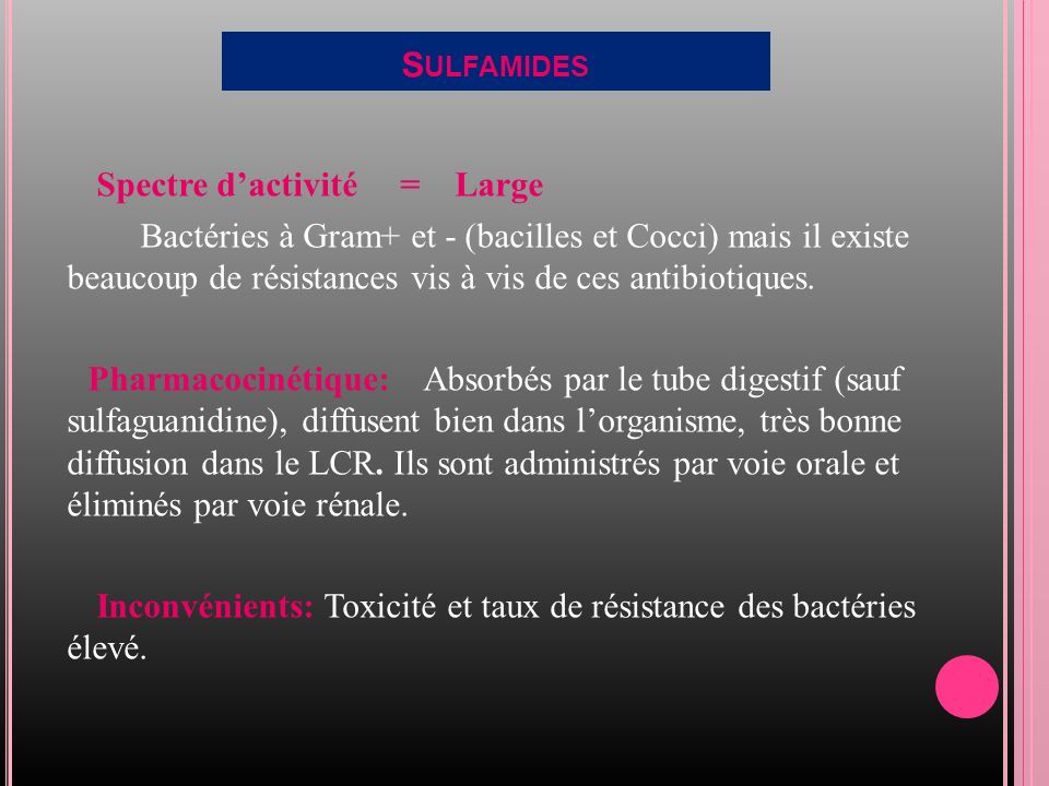 S ULFAMIDES Spectre d’activité = Large Bactéries à Gram+ et - (bacilles et Cocci) mais il existe beaucoup de résistances vis à vis de ces antibiotiques.