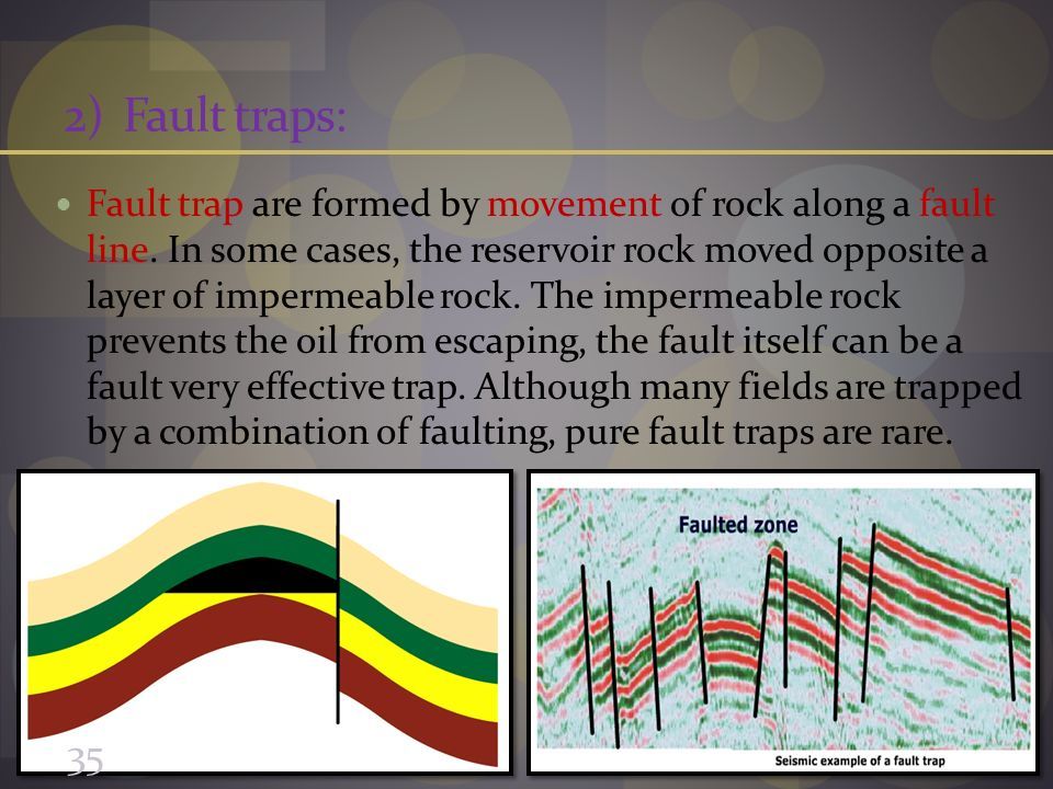 2)Fault traps: Fault trap are formed by movement of rock along a fault line.