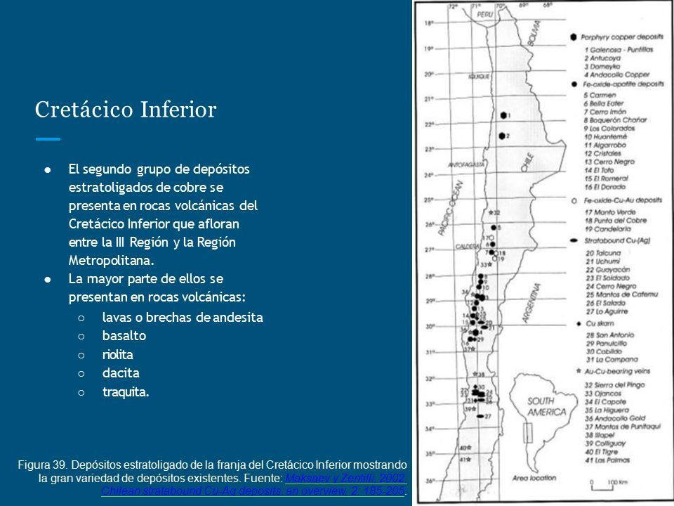 Cretácico Inferior ● El segundo grupo de depósitos estratoligados de cobre se presenta en rocas volcánicas del Cretácico Inferior que afloran entre la III Región y la Región Metropolitana.