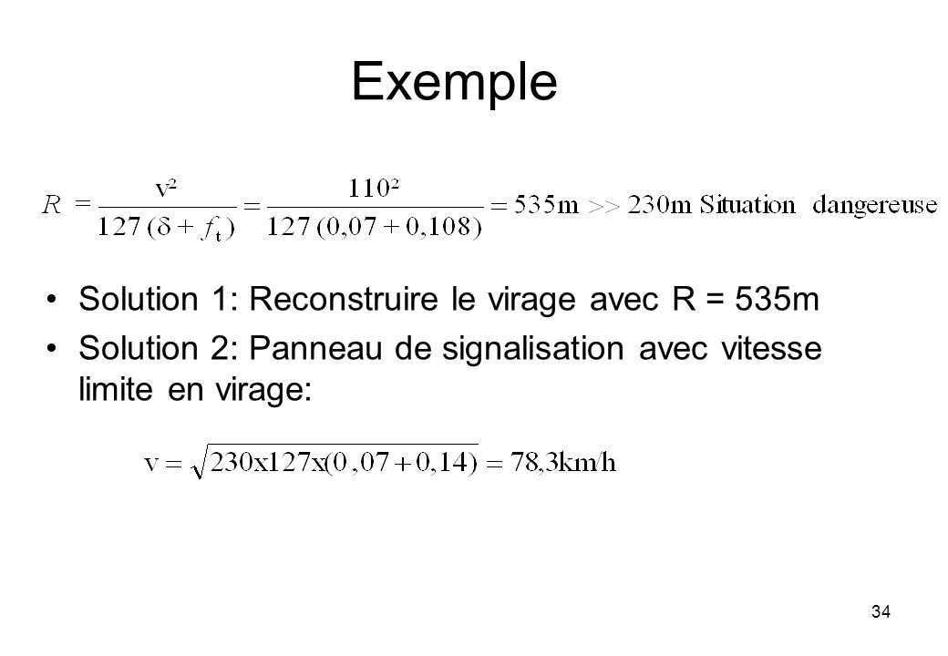 Exemple Solution 1: Reconstruire le virage avec R = 535m Solution 2: Panneau de signalisation avec vitesse limite en virage: 34