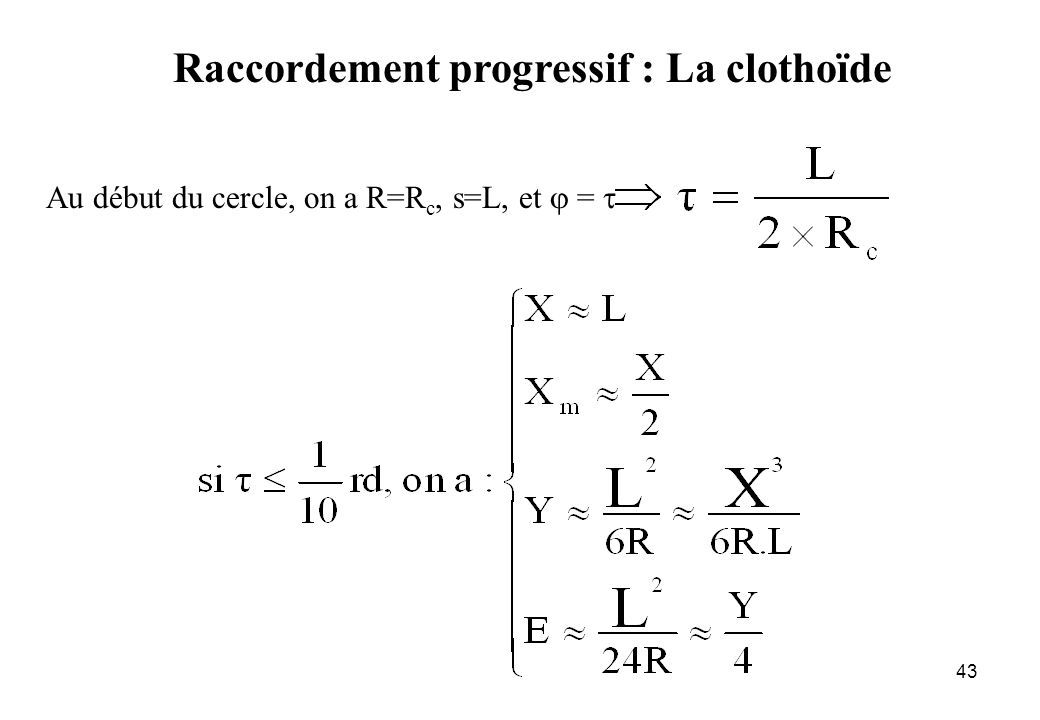 43 Raccordement progressif : La clothoïde Au début du cercle, on a R=R c, s=L, et  = 